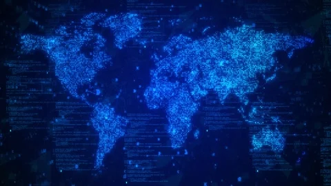 Blue Digital World Map with Matrix Numbers, Programming Code and Data Streams 스톡 동영상 335809711