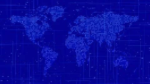 Blue Digital World Map with Moving Data Lines – High Tech Global Network Video stock 331432663