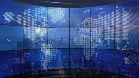 Blue Digital World Map on Multi-Screen Studio Monitor Stock Footage 337732919
