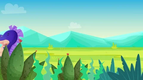 Blue dinosaur walking strait in mountain jurassic landscape. Cartoon animation. Stock Footage