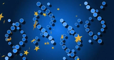 Blue disc chains reconfiguring and looping with star cluster drifting across Stock Footage 329114817