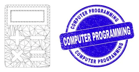 Blue Distress Computer Programming Seal and Web Mesh Calculator Stock Illustration