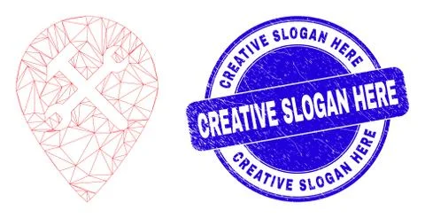 Blue Distress Creative Slogan Here Stamp Seal and Web Mesh Service Map Pointer 스톡 일러스트