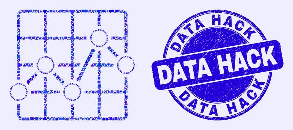 Blue Distress Data Hack Seal and Chart Grid Mosaic Stock Illustration