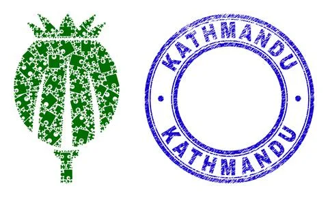 Blue Distress Kathmandu Badge and Poppy Head Icon Mosaic of Puzzle Plugins Stock Illustration