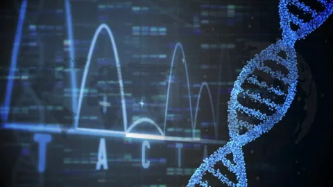 Blue DNA helix 3D render rotating on grid overlay, showing blue waveform graphs Stock Footage 309286535