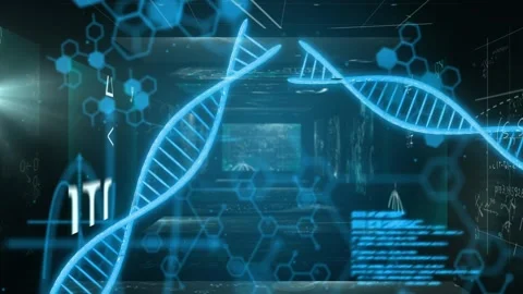 Blue DNA helix appearing front, HUD rising, code scrolling, helices crossing, Stock Footage 328446336