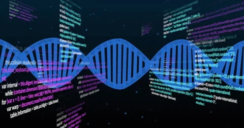Blue DNA helix being animated across scene, floating code panels framing 3D Stock Footage 309104649