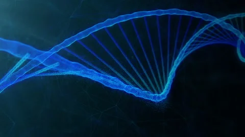 Blue dna strand with genome code spinning in the dark black background loopable Stock Footage 165599979