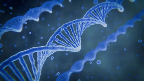Blue DNA strands twist through a dark, glowing space Video stock 341782852