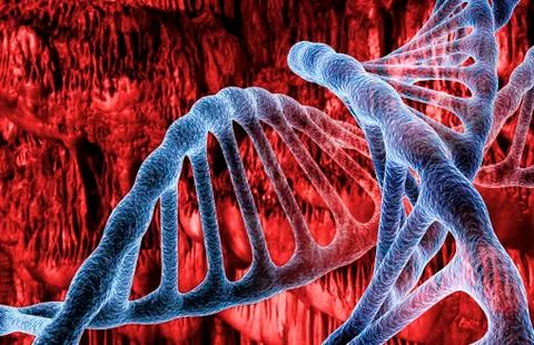 Blue DNA structure on red background. 3d render Stock Illustration