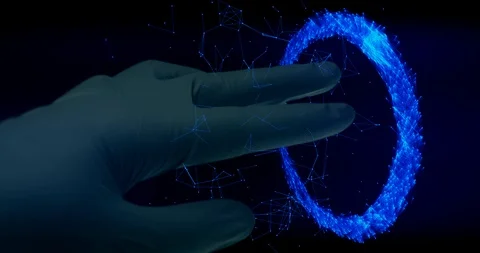 Blue doctors glove touching a digital particle system. Future healthcare tech Stock Footage 106100029
