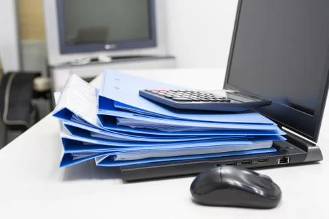 Blue Document folder with Notebook on table at office 스톡 사진
