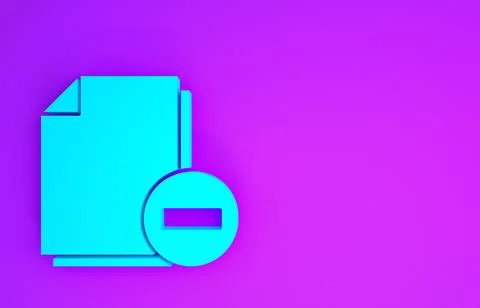 Blue Document with minus icon isolated on purple background. Clear document.  Illustrazione stock
