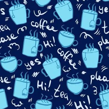 Blue doddle hot drink vector seamless pattern Illustrazione stock