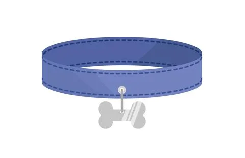 Blue dog collar with silver token in form of bone. Pet collar. Cartoon, flat Stock Illustration