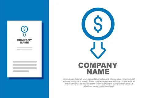 Blue Dollar rate decrease icon isolated on white background. Cost reduction 库存插图