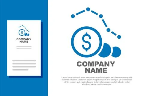 Blue Dollar rate decrease icon isolated on white background. Cost reduction.. 库存插图