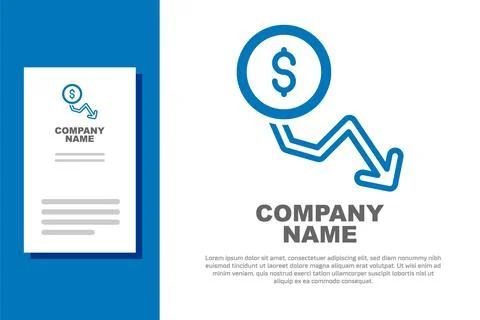 Blue Dollar rate decrease icon isolated on white background. Cost reduction.. イラスト素材