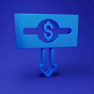 Blue Dollar rate decrease icon isolated on blue background. Cost reduction... Illustrazione stock
