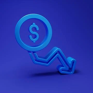 Blue Dollar rate decrease icon isolated on blue background. Cost reduction... 库存插图