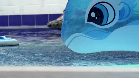 Blue dolphin pool float drifting in water, crocodile toy and chlorine dispenser 스톡 동영상 333936067