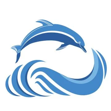 Blue dolphins jumping in sea. Vector isolated on white Stock Illustration
