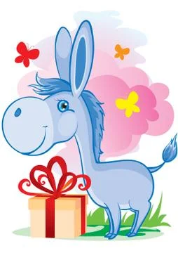 Blue donkey stands next to a box with a gift flying butterflies around, vecto Stock Illustration