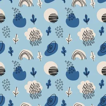 Blue Doodle Abstract seamless Pattern with cloud, rainbow, tree, rain and moo Stock Illustration