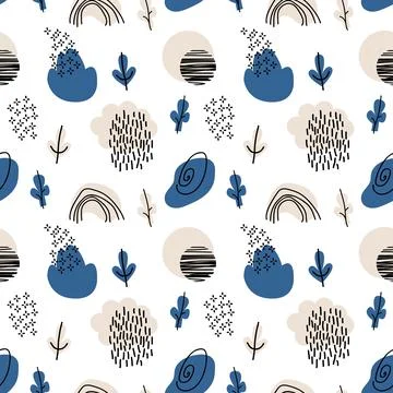 Blue Doodle Abstract seamless Pattern with cloud, rainbow, tree, rain and moo Stock Illustration