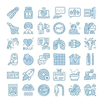 Blue doodle hand drawn conceptual icon set Stockillustratie