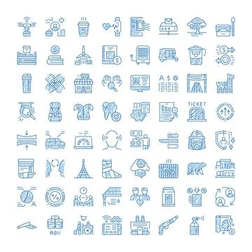 Blue doodle icons representing diverse business concepts Illustrazione stock