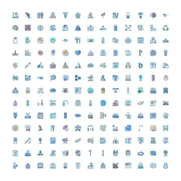 Blue doodle icons set presenting business and technology concepts Stock-Illustration