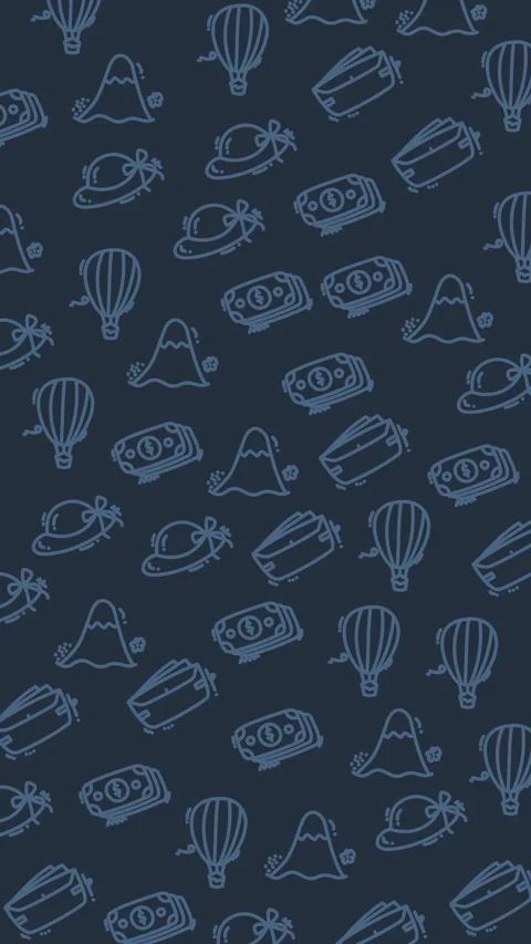 Blue doodle pattern with hats, hot air balloons, and luggage Stock Footage 336400314