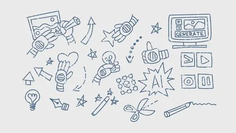 Blue doodle robot icon elements set. Ai interface illustration 스톡 일러스트