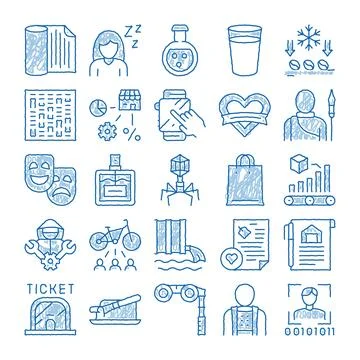 Blue doodle style icons various business concepts Stock Illustration