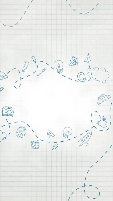 Blue doodles on grid paper with blank center and dashed path. Looped Stock Footage 319022161