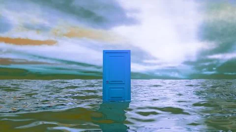 Blue door emerging from water with dramatic sky background Stock Illustration