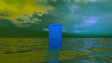 Blue door floating on water under cloudy sky Stock Illustration