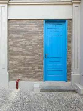 Blue Door Front View with copy space. Entrance View with Blue Door Interior. Stock Photos