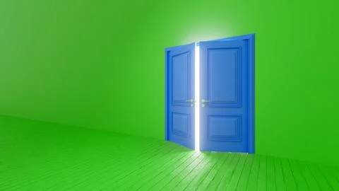 Blue door opening to bright light in green room Ilustración de archivo