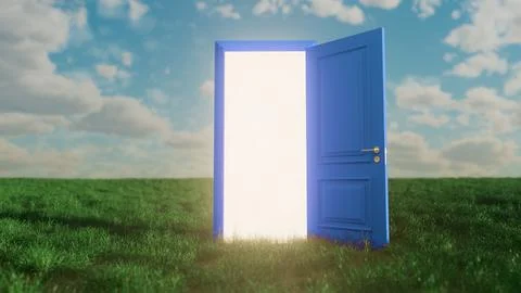 Blue door opening to bright light in green field Illustration