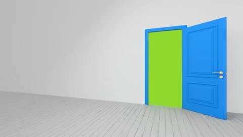 Blue door opening to green screen room with white floor Ilustración de archivo
