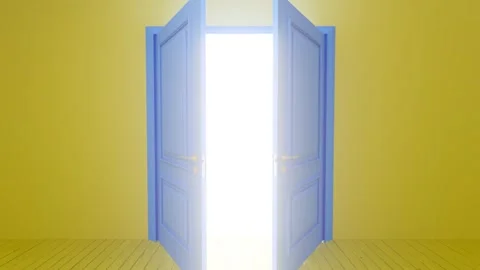Blue door opening to white light in yellow room Stock Footage 310791770