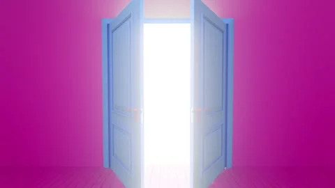 Blue door opening on white light in pink room Stock Footage 310791814