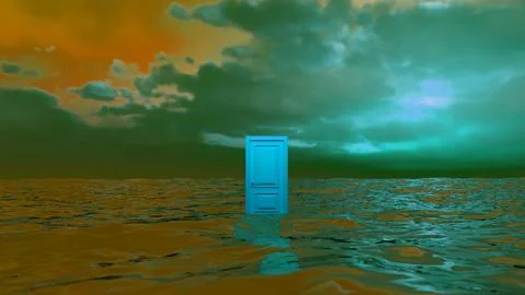 Blue door standing in the middle of the ocean under cloudy sky Stock Illustration