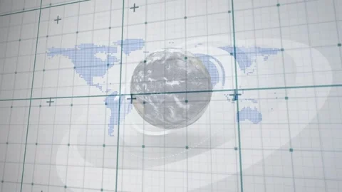 Blue dot map emerging causing sliding grid lines spinning globe and swirling Stock Footage 317660438