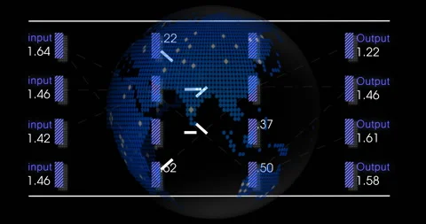 Blue dot-matrix globe representing data flow connecting purple-striped input Stock Footage 309109214