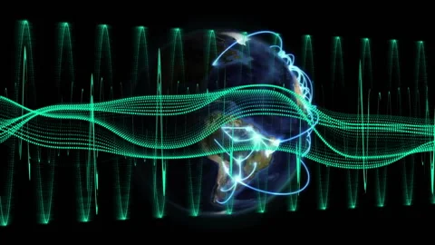 Blue dots appearing on rotating 3D globe while neon green waveform pulsing Stock Footage 310973041