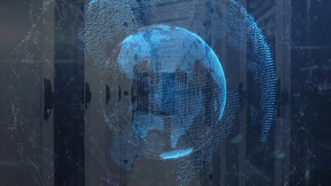 Blue dots coalescing into pulsing spinning holographic globe above server racks Stock Footage 311508541